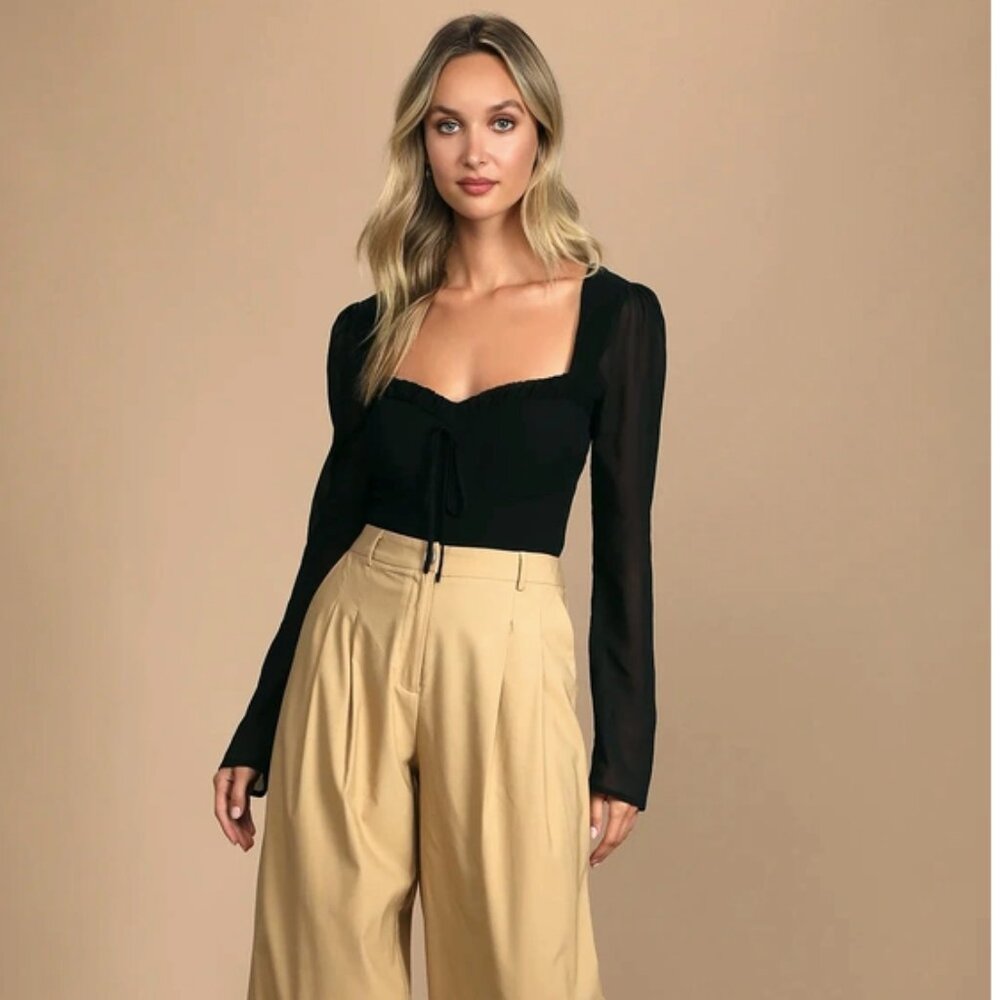 Lulus - Be Your Date Black Bustier Backless Long Sleeve Bodysuit - Size L